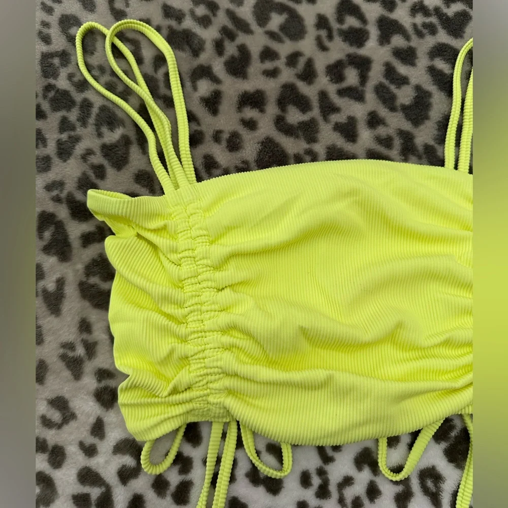 Aerie Ruched Ribbed Longline Bandeau Bikini Top in Yellow Infusion Size Small